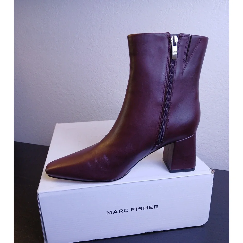 Marc Fisher Ulani Dark Red Leather Pointed Toe Block Heel Ankle Boots Women NEW